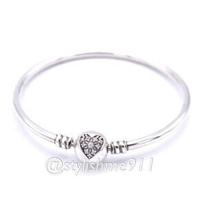Authentic Pandora Moments Silver Bangle, Heart of Winter Clasp - 596404CZ